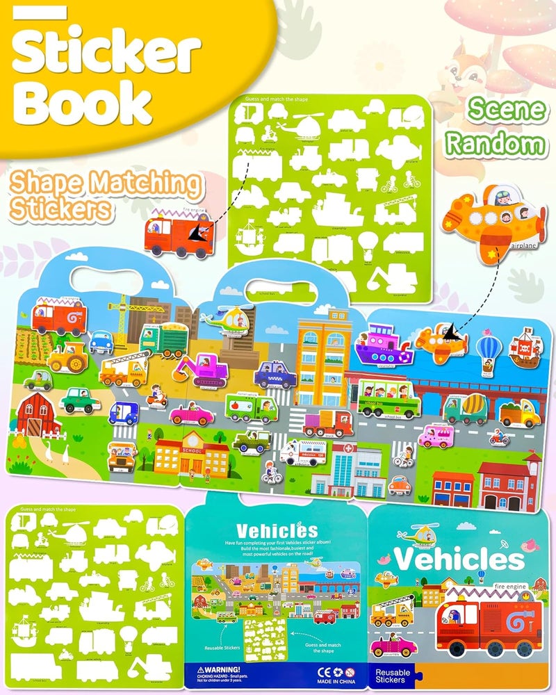 Benresive Reusable Sticker Books for Kids, Sticker Books for Toddlers, Toddler Travel Toys Activities Crafts Ages 3 and Up Birthday Gifts - Vehicle - Image 2